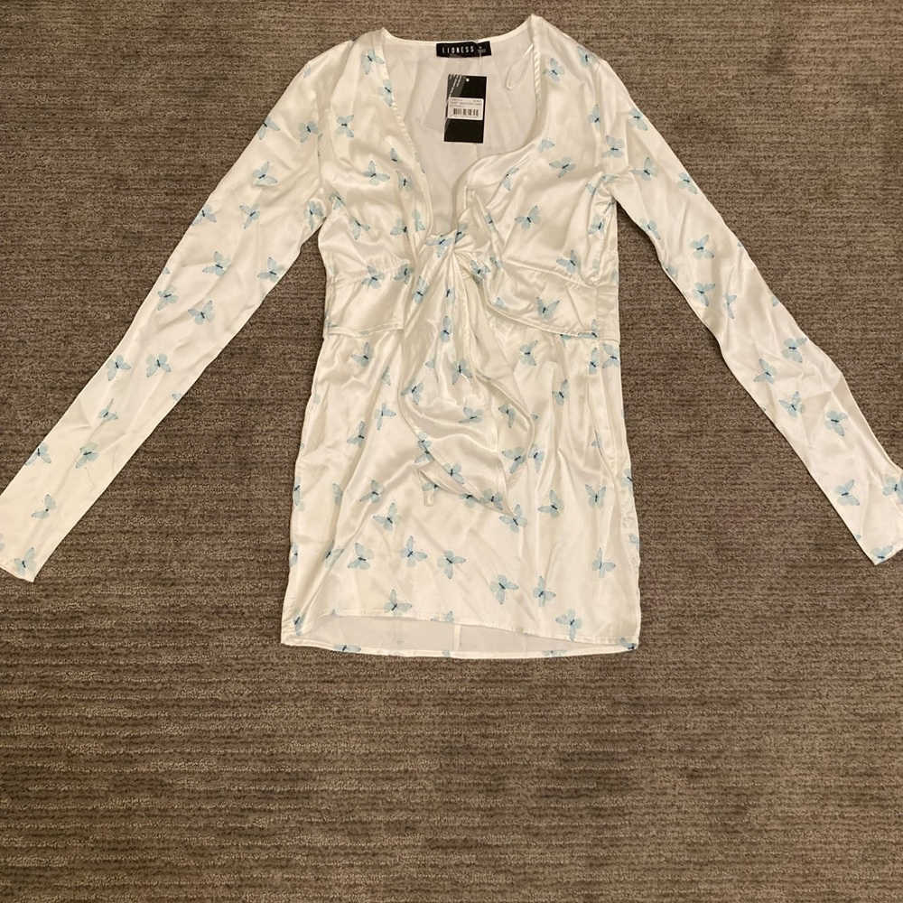 White summer satin mini dress with butterflies